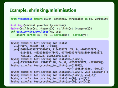 Output from a test that shows the different examples which were tried before it gave the result.