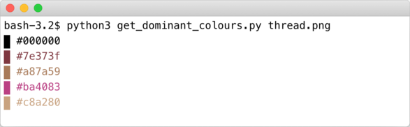 A terminal window running a Python script that prints five hex colours, and a solid block of colour to the left of each code. The hex codes have the same colour as the blocks.