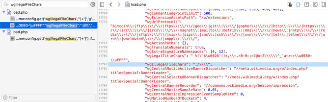 Screenshot of the web inspector highlighting a config value called `wgIllegalFileChars`.